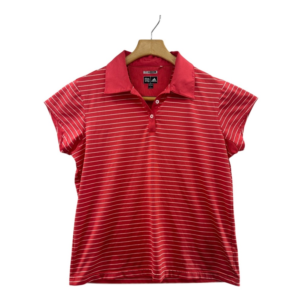 Adidas Womens ClimaCool Golf‎ Polo Shirt Red White Stripe Short Sleeve Size L